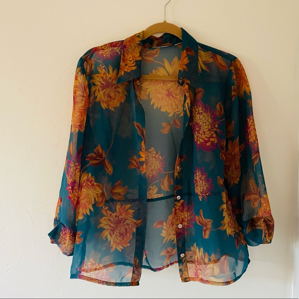 Boho floral sheer button down blouse